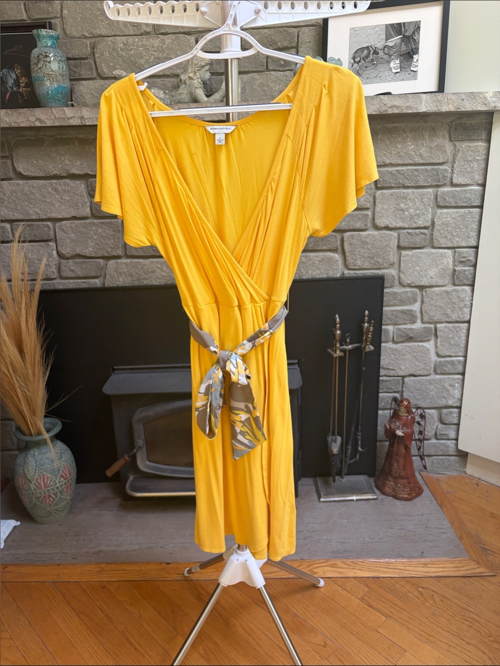 Banana Republic Yellow Wrap Midi Dress with Patterned Tie